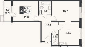 Планировка: 2-к, 60,6 м²