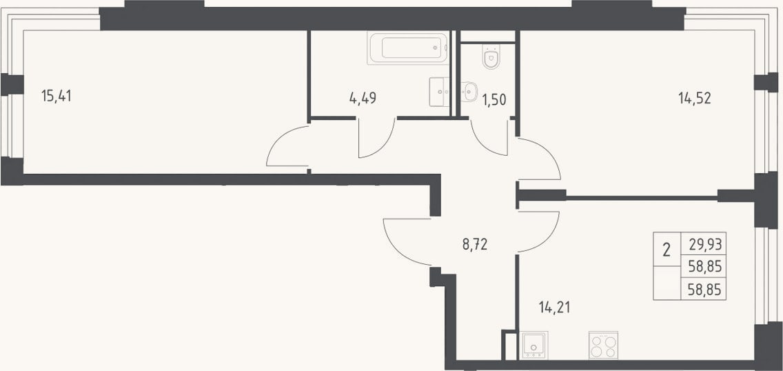 Планировка: 2-к, 58,9 м²