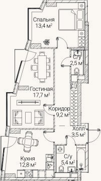 Планировка: 2-к, 64,1 м²