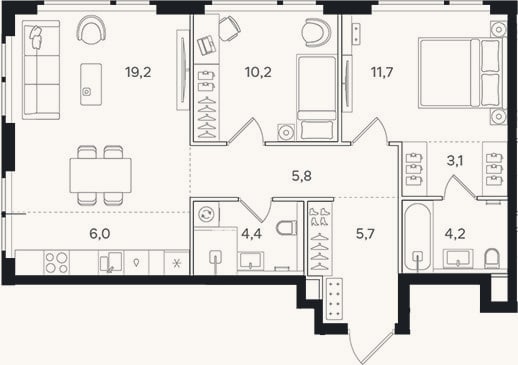 Планировка: 3-к, 70,3 м²
