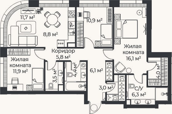 Планировка: 4+ к, 92,4 м²