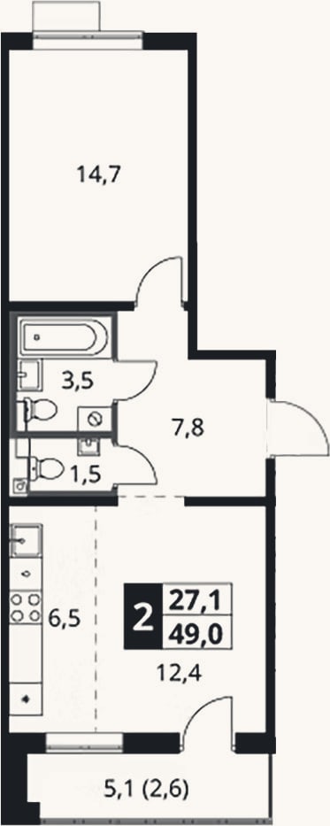 Планировка: 2-к, 46,4 м²