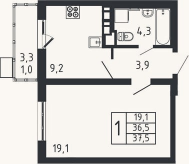 Планировка: 1-к, 36,5 м²