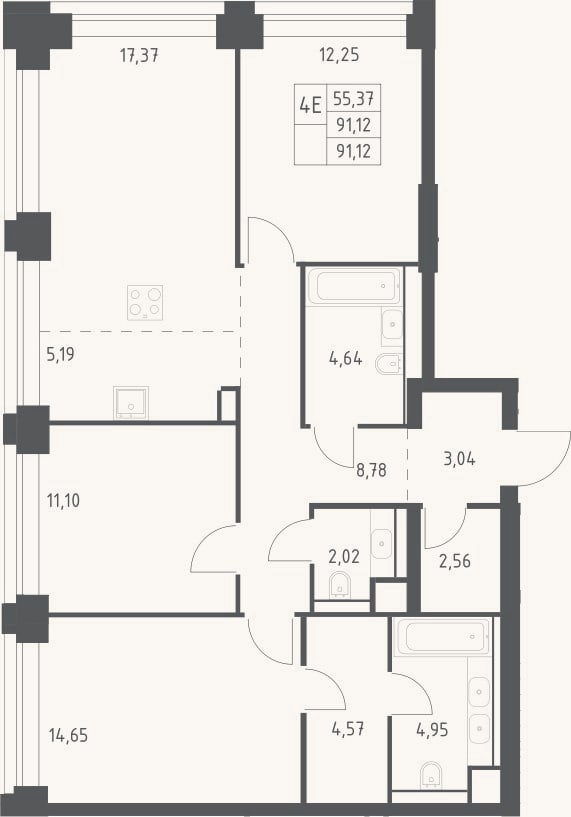 Планировка: 4+ к, 91,1 м²