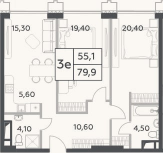Планировка: 3-к, 79,9 м²