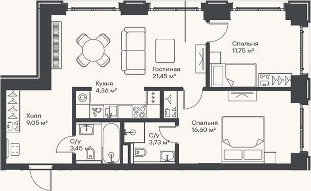Планировка: 3-к, 70,4 м²