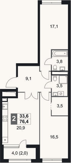 Планировка: 3-к, 74,4 м²
