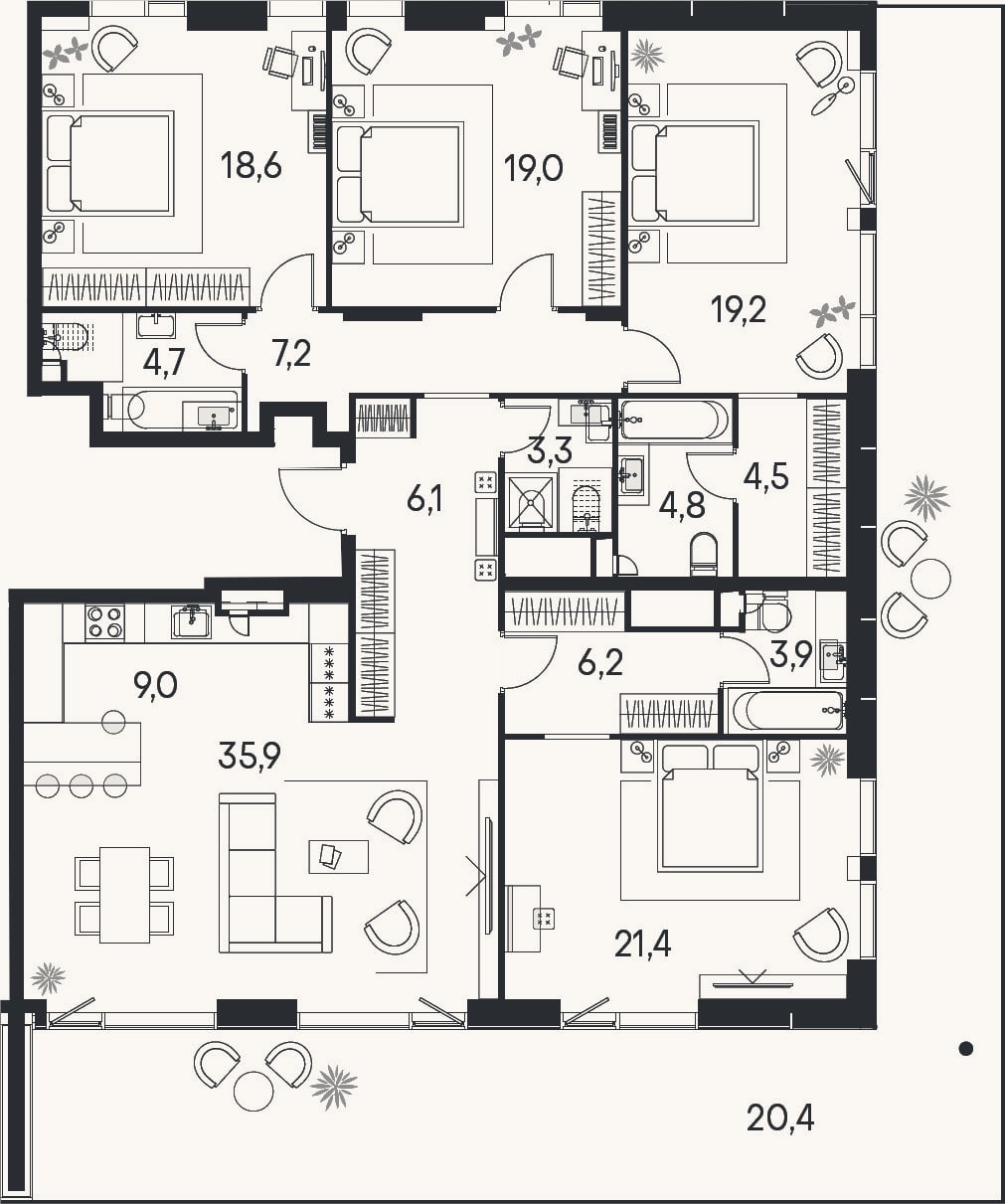 Планировка: 4+ к, 163,8 м²