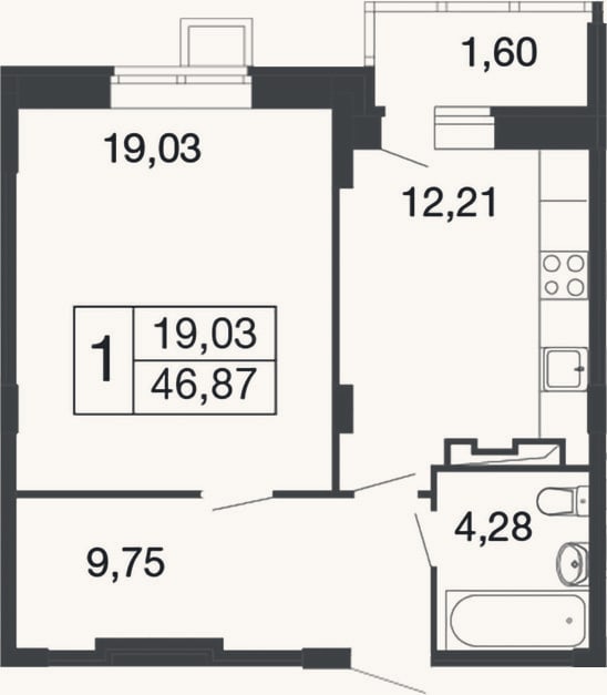 Планировка: 1-к, 45,3 м²
