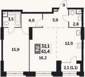 Планировка: 2-к, 60,3 м²