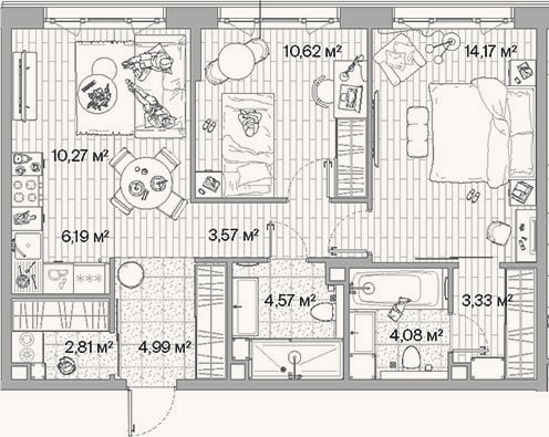 Планировка: 3-к, 64,6 м²