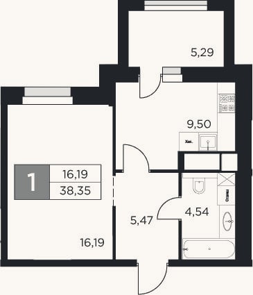 Планировка: 1-к, 35,7 м²