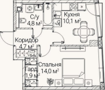 Планировка: 1-к, 35,5 м²