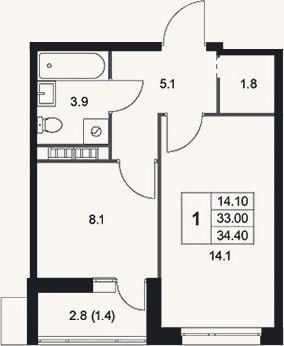 Планировка: 1-к, 33 м²