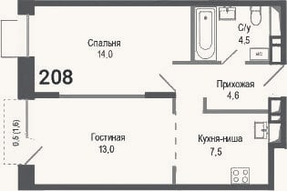 Планировка: 2-к, 43,6 м²