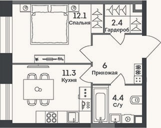 Планировка: 1-к, 36,2 м²