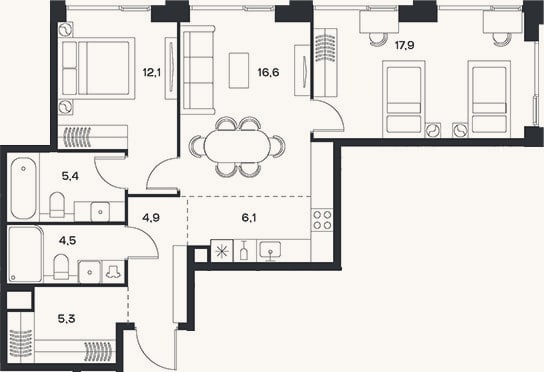 Планировка: 3-к, 72,8 м²