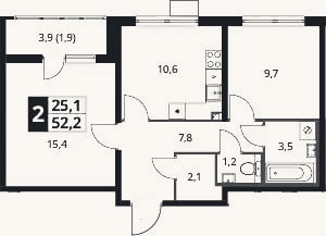 Планировка: 2-к, 51,4 м²