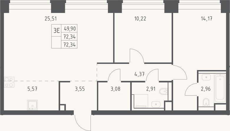 Планировка: 3-к, 72,3 м²