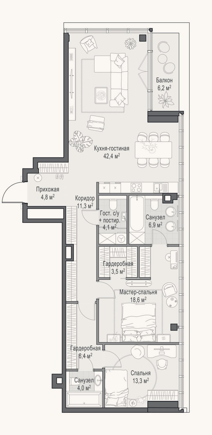 Планировка: 3-к, 117,8 м²
