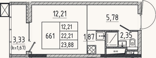 Планировка: Студия, 22,2 м²