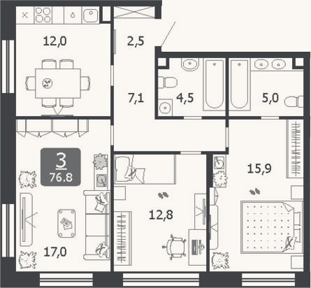 Планировка: 3-к, 76,8 м²