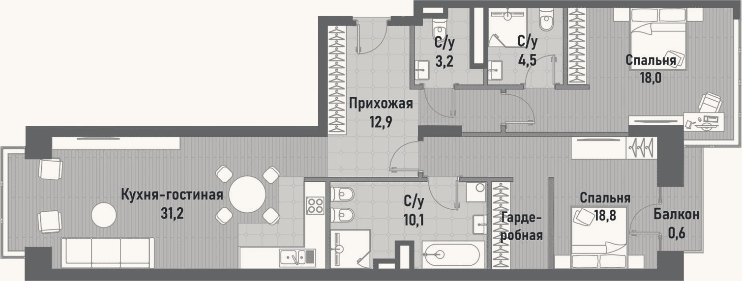 Планировка: 3-к, 98,6 м²