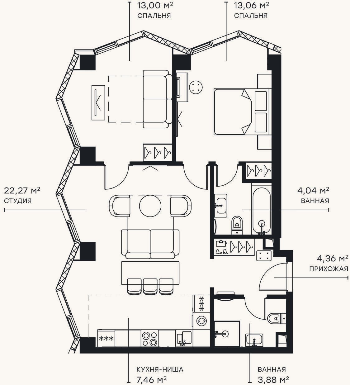 Планировка: 3-к, 69,1 м²