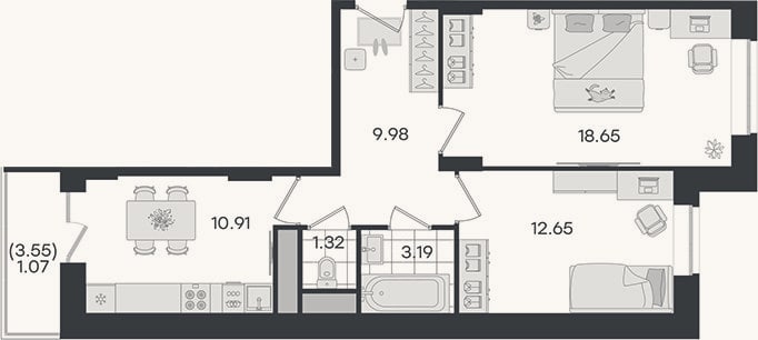 Планировка: 2-к, 56,7 м²