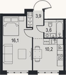 Планировка: 1-к, 33,8 м²