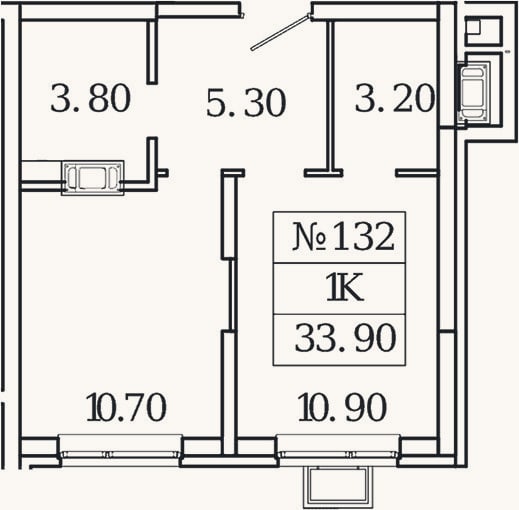 Планировка: 1-к, 33,9 м²