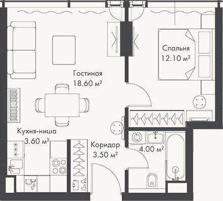 Планировка: 2-к, 41,8 м²