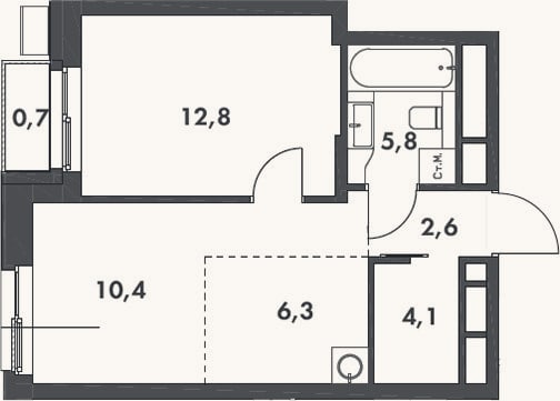 Планировка: 2-к, 42 м²
