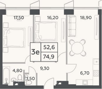 Планировка: 3-к, 74,9 м²