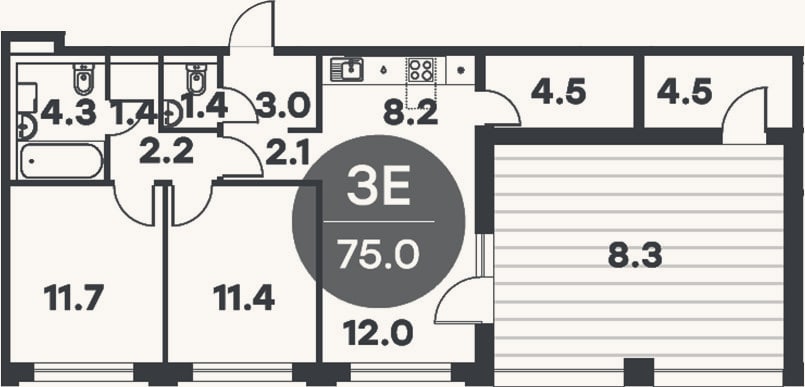 Планировка: 3-к, 72,5 м²