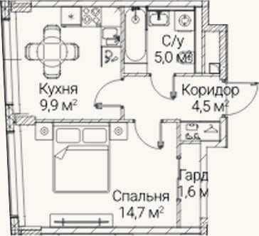 Планировка: 1-к, 35,7 м²
