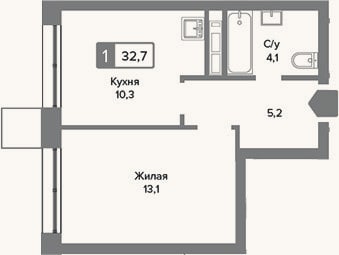 Планировка: 1-к, 32,7 м²