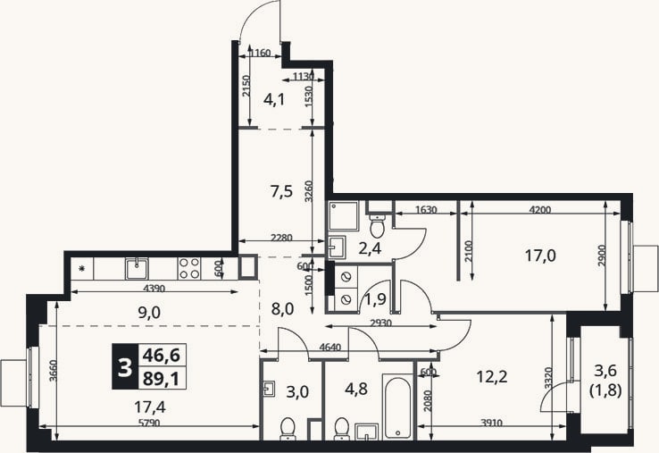 Планировка: 3-к, 87,3 м²