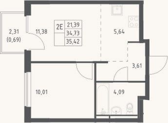Планировка: 2-к, 34,7 м²