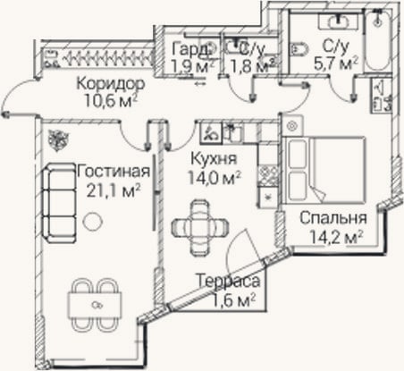 Планировка: 2-к, 68,3 м²