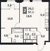 Планировка: 2-к, 53,2 м²