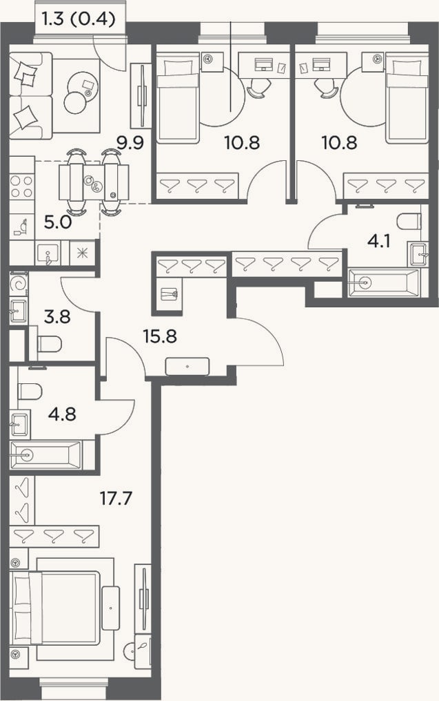 Планировка: 3-к, 82,7 м²