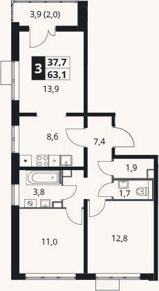 Планировка: 3-к, 61,1 м²