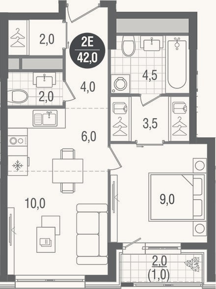 Планировка: 2-к, 41 м²