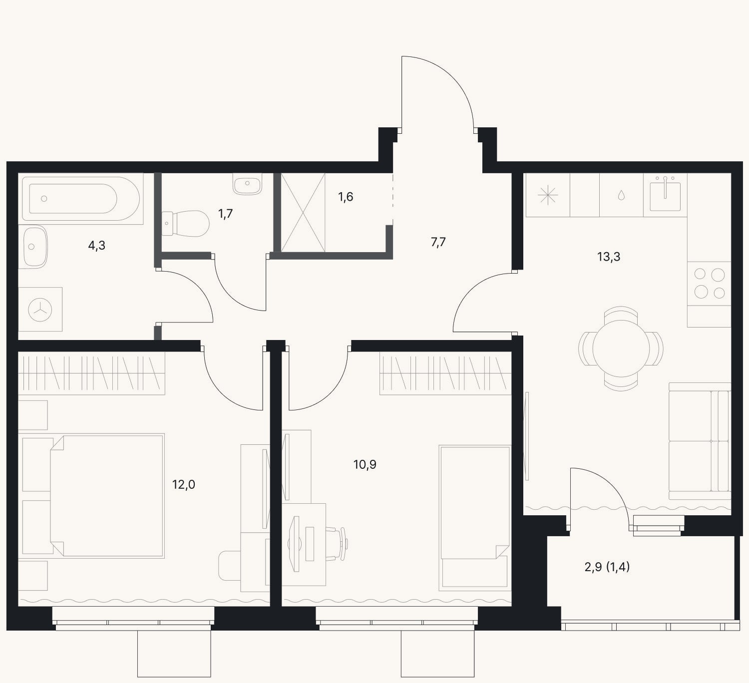 Планировка: 2-к, 51,4 м²