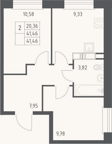 Планировка: 2-к, 41,5 м²