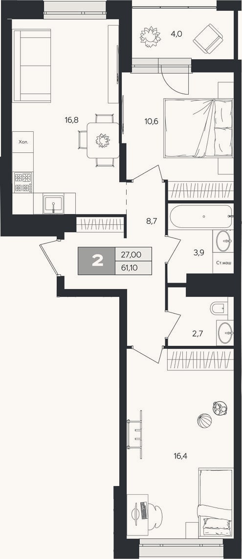 Планировка: 2-к, 59,1 м²