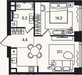 Планировка: 2-к, 45,1 м²
