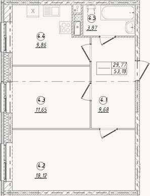 Планировка: 2-к, 53,2 м²