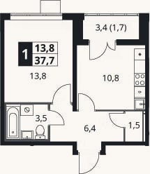 Планировка: 1-к, 36 м²